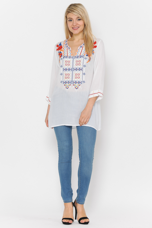 3/4 Sleeves Multi Embroidery Tunic Top - White